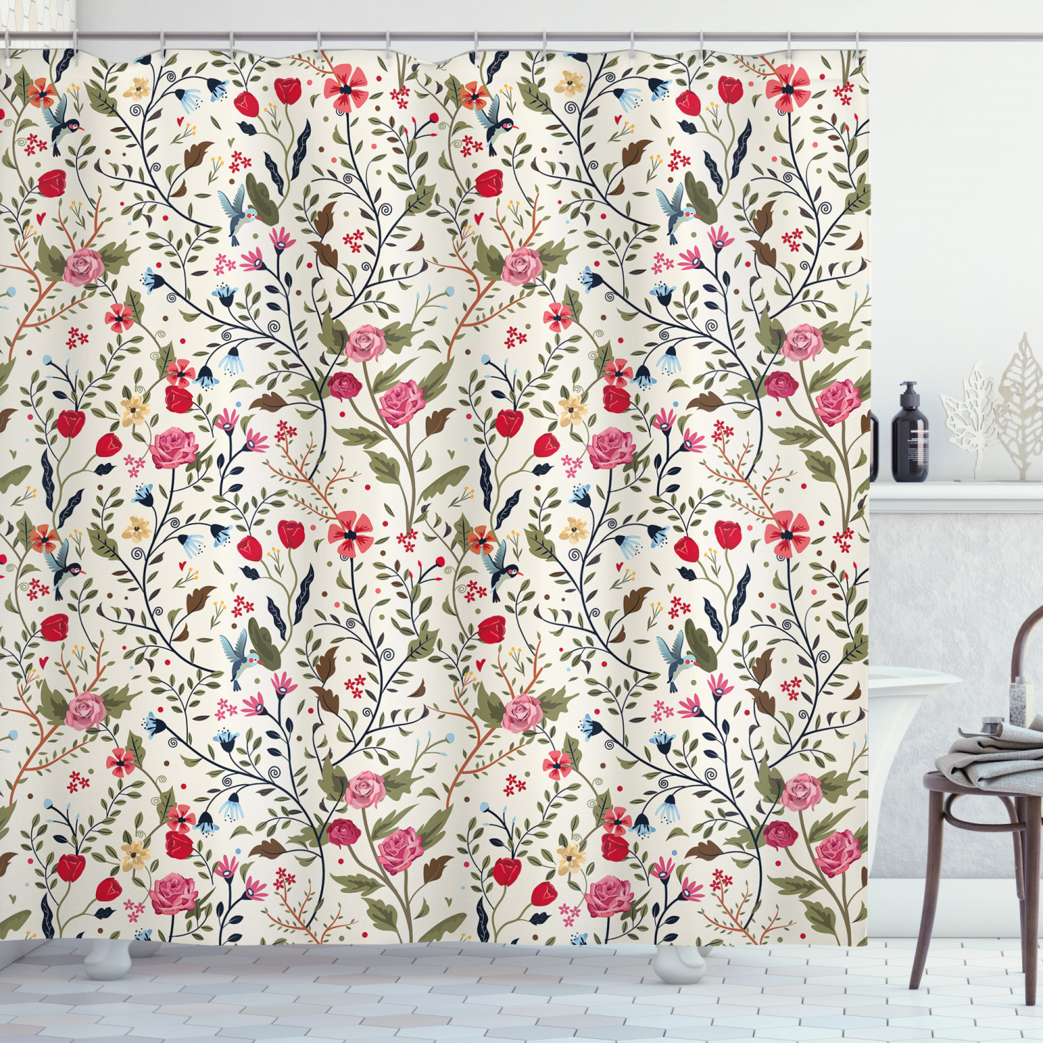 Birds And Roses Polka Dots Print Floral Shower Curtain, Create An Adorable Bathroom Ambience