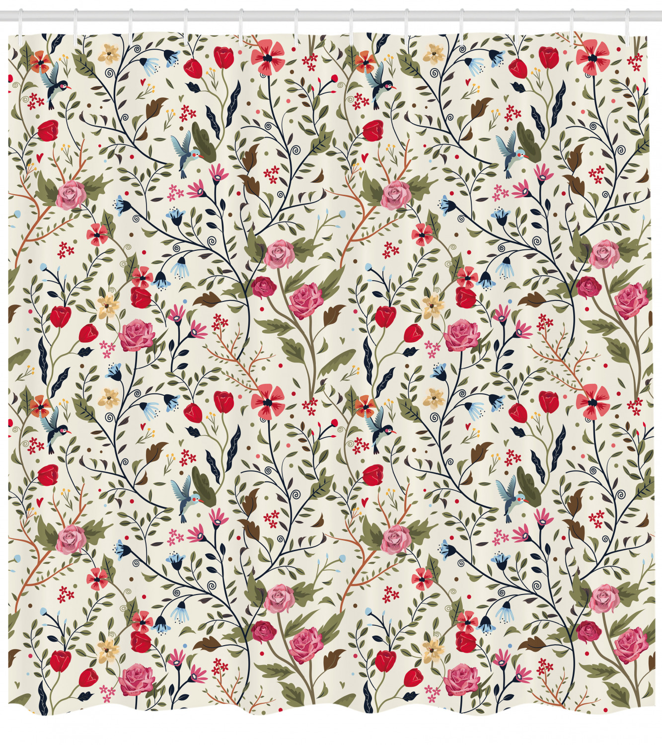 Birds And Roses Polka Dots Print Floral Shower Curtain, Create An Adorable Bathroom Ambience