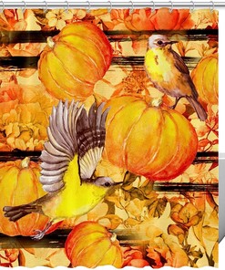 Birds Autumn Flowers Pumpkins Colorful Shower Curtain for Bathroom