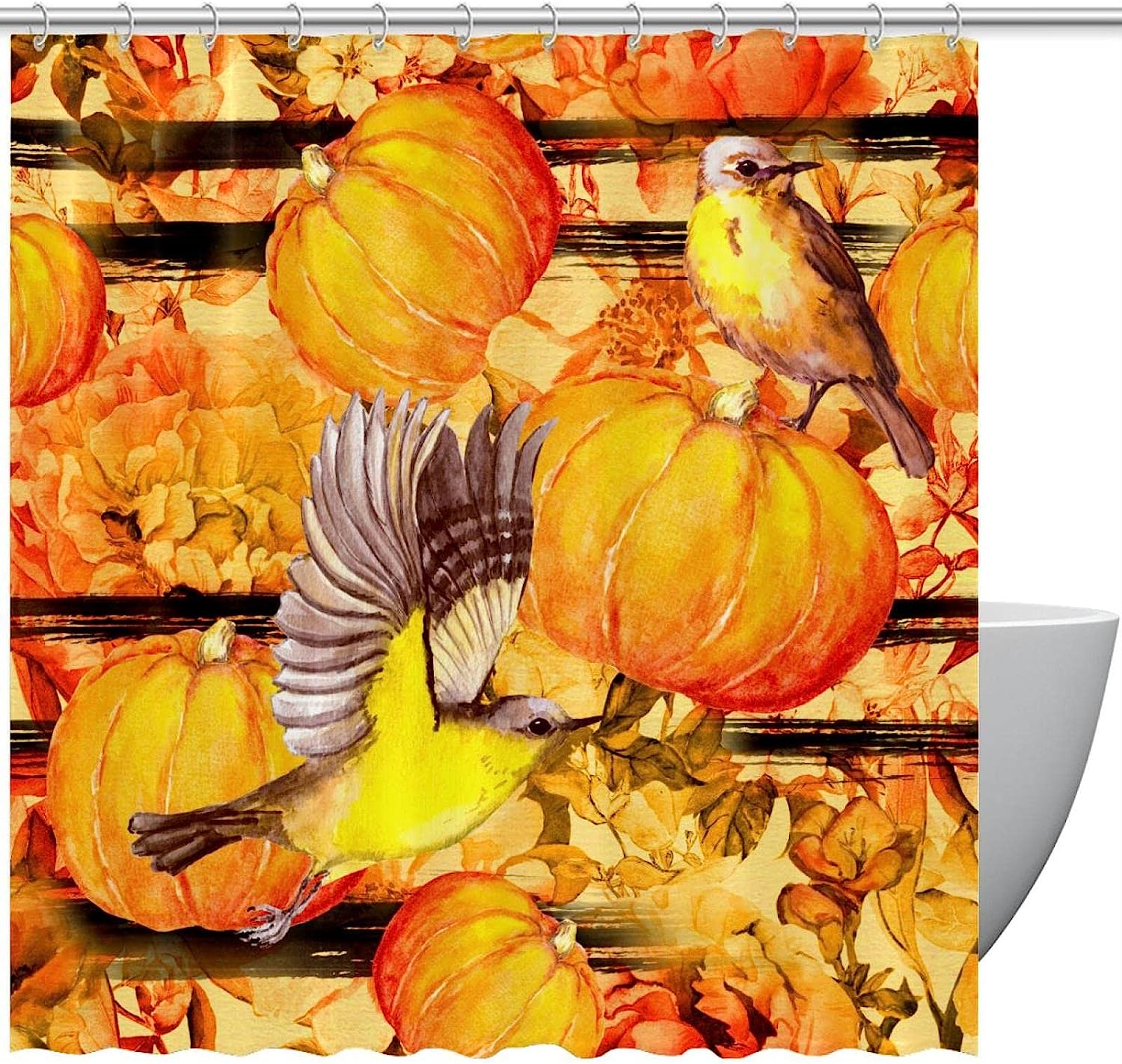 Birds Autumn Flowers Pumpkins Colorful Shower Curtain for Bathroom