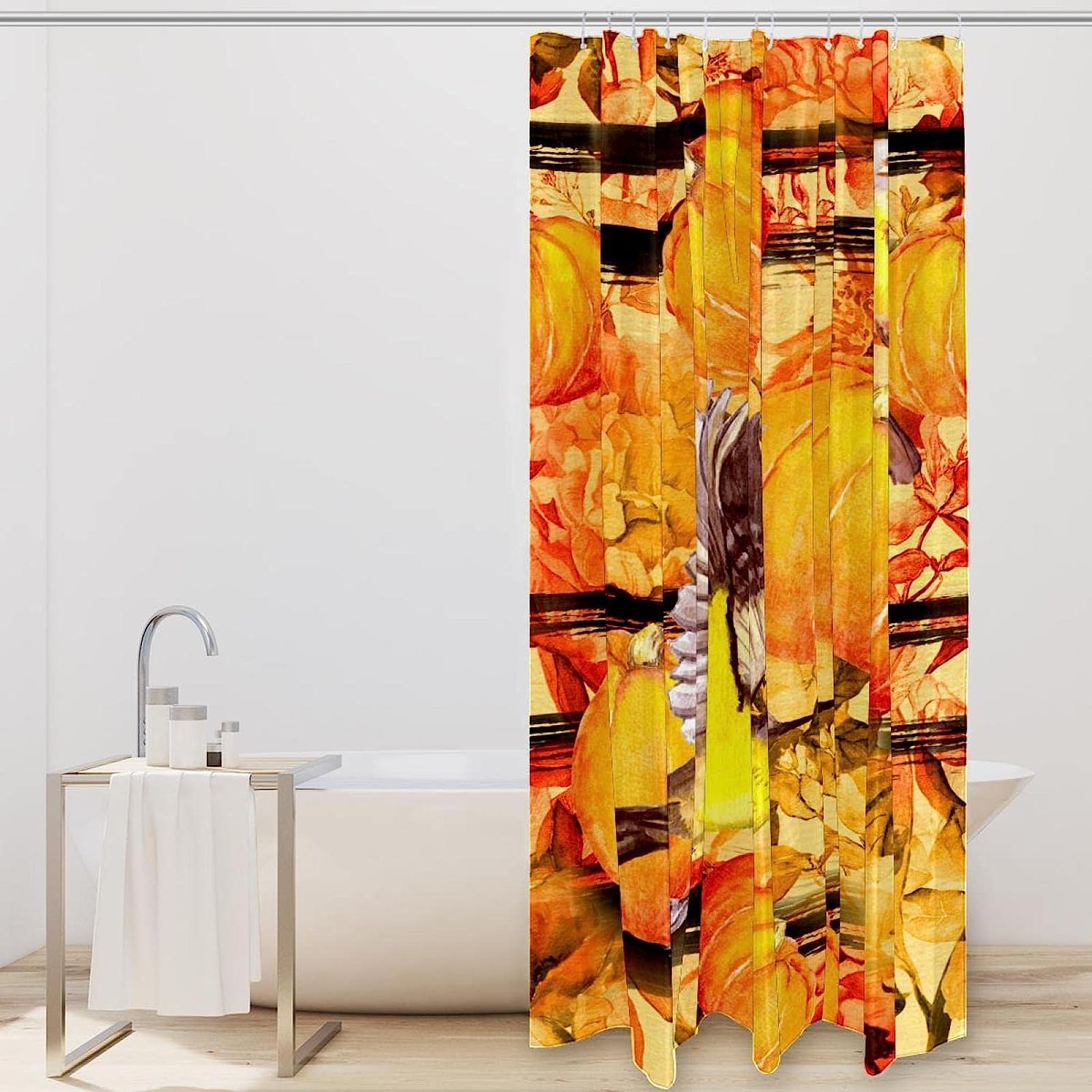 Birds Autumn Flowers Pumpkins Colorful Shower Curtain for Bathroom