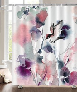 Birds Lover Fabric Shower Curtain with Hummingbird and Flowers Print