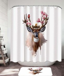 Birds Nest On Deer Antlers Painting Shower Curtain, Nature-Inspired Art For Rustic Bathroom