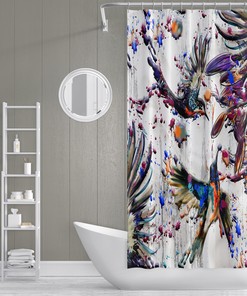 Birds Watercolor Paint Splatter Shower Curtain, Abstract Bathroom Decor