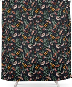 Birds and Butterflies Dark Garden Decorative Shower Curtain by Beth Norton