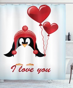 Birthday Balloons Penguin I Love You Shower Curtain for Valentine's Day Decor