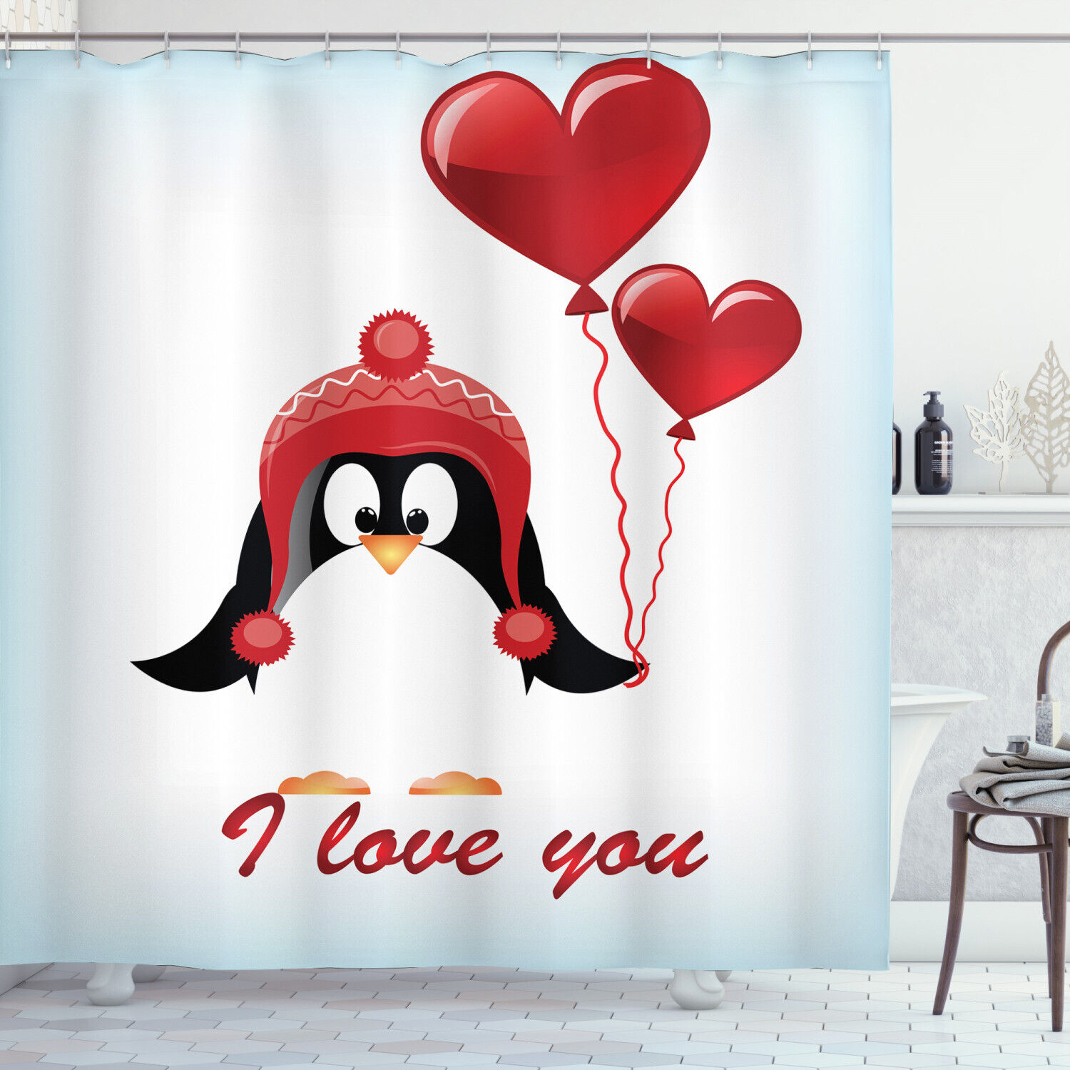 Birthday Balloons Penguin I Love You Shower Curtain for Valentine's Day Decor