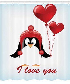 Birthday Balloons Penguin I Love You Shower Curtain for Valentine's Day Decor
