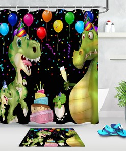 Birthday Party Balloons And Confetti Dinosaur Shower Curtain - Waterproof Fabric