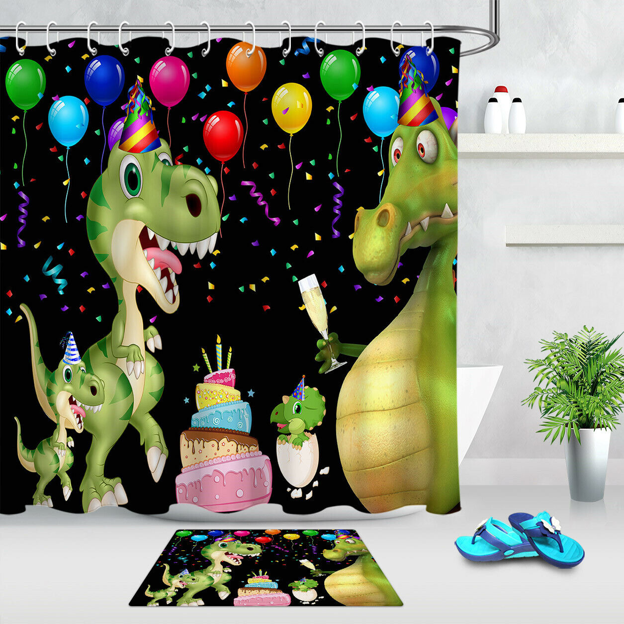 Birthday Party Balloons And Confetti Dinosaur Shower Curtain - Waterproof Fabric