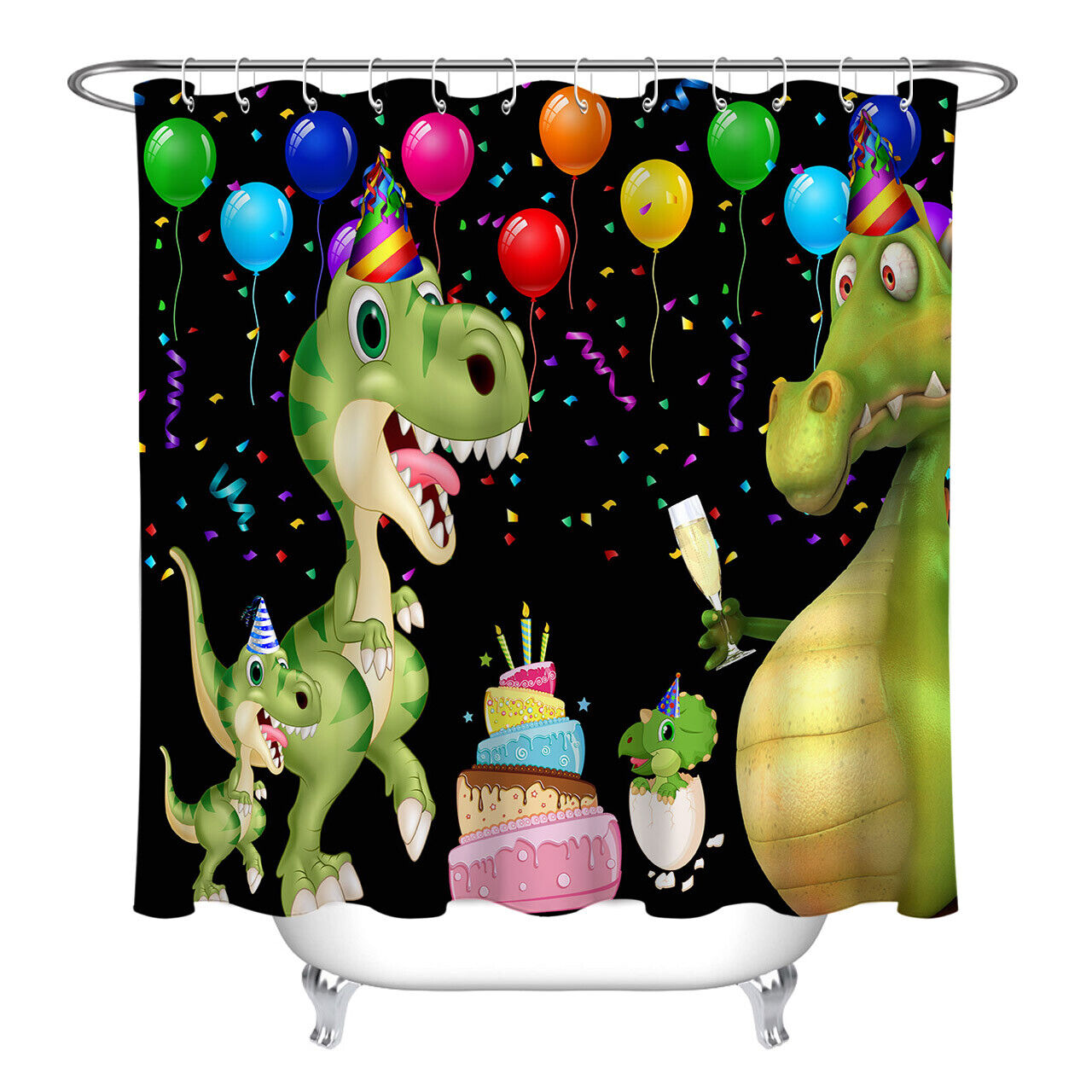 Birthday Party Balloons And Confetti Dinosaur Shower Curtain - Waterproof Fabric - Image 2