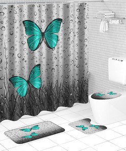 Biustar Green Butterfly Bathroom Accessories Set With Raindrop Design Shower Curtain And Gray Fabric - 4 Piece