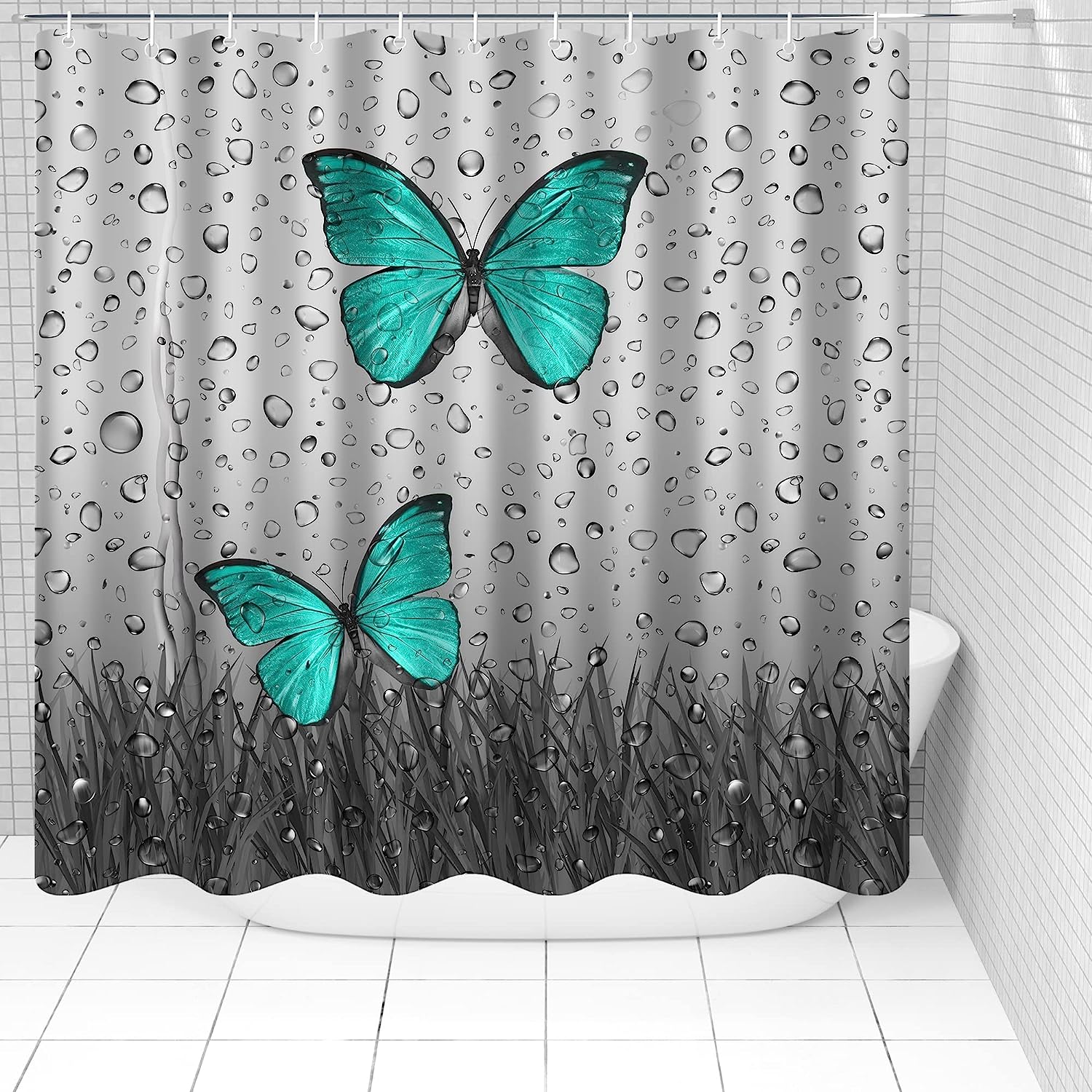 Biustar Green Butterfly Bathroom Accessories Set With Raindrop Design Shower Curtain And Gray Fabric - 4 Piece - Image 2