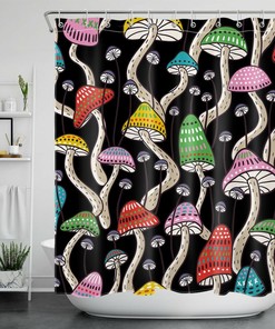 Black Abstract Plant And Colourful Mushroom Shower Curtain For Bathroom Decor - Waterproof Fabric