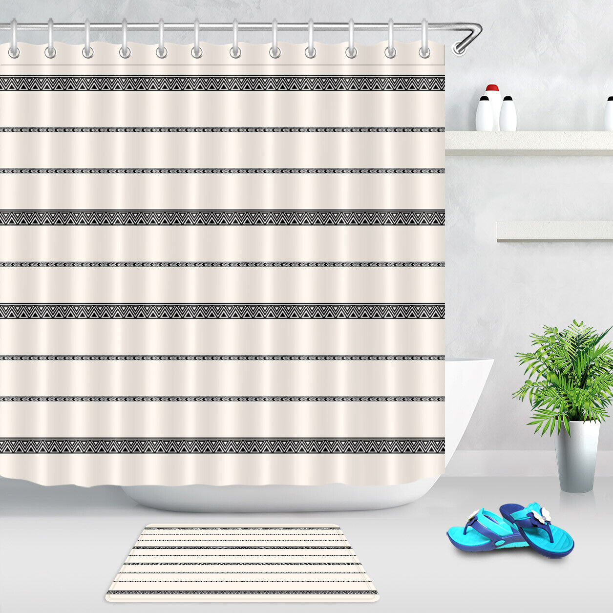 Black And Cream Stripe Print Boho Shower Curtain For Bathroom Decor - Waterproof Fabric