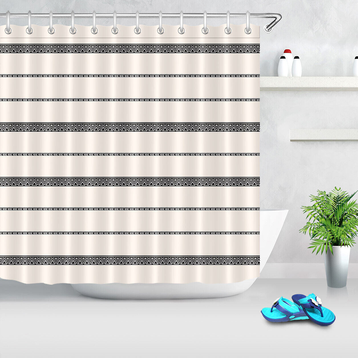 Black And Cream Stripe Print Boho Shower Curtain For Bathroom Decor - Waterproof Fabric - Image 2