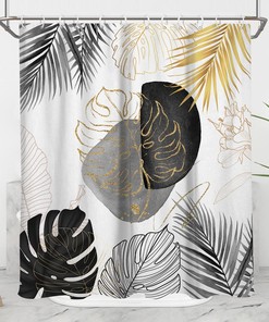 Black And Gold Leaves Shower Curtain - White Leaf Palm Boho Tropiacl Abstract Grey Gray Gild Silver