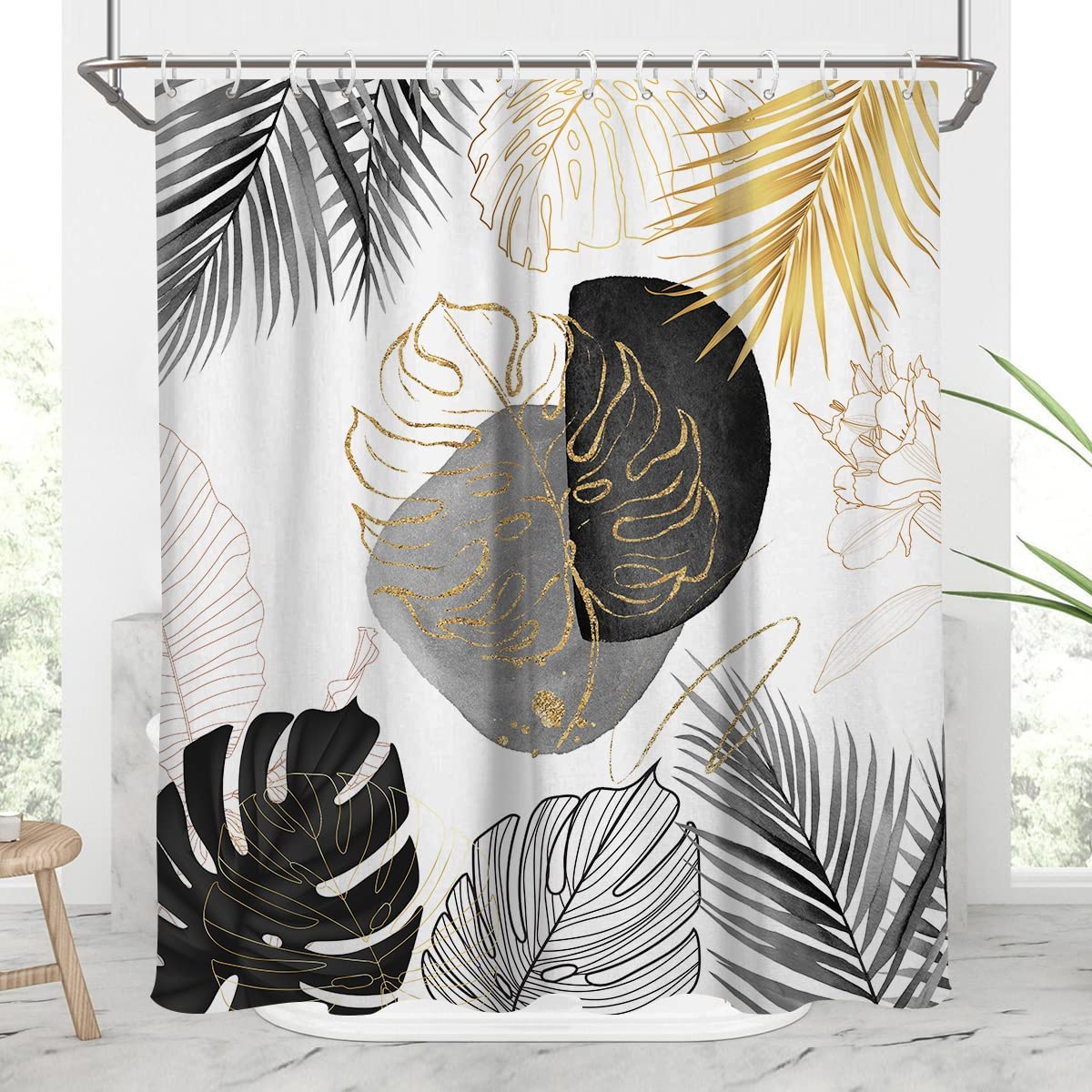 Black And Gold Leaves Shower Curtain - White Leaf Palm Boho Tropiacl Abstract Grey Gray Gild Silver