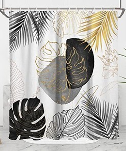 Black And Gold Leaves Themed Shower Curtain With White Leaf Palm Boho Tropiacl Abs Design