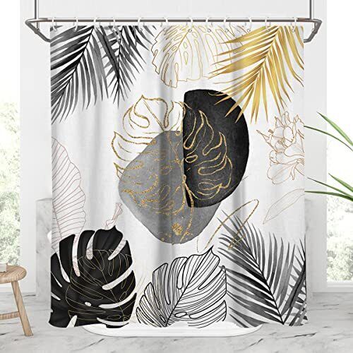 Black And Gold Leaves Themed Shower Curtain With White Leaf Palm Boho Tropiacl Abs Design