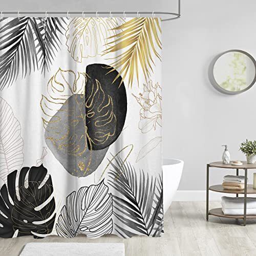 Black And Gold Leaves Themed Shower Curtain With White Leaf Palm Boho Tropiacl Abs Design - Image 2