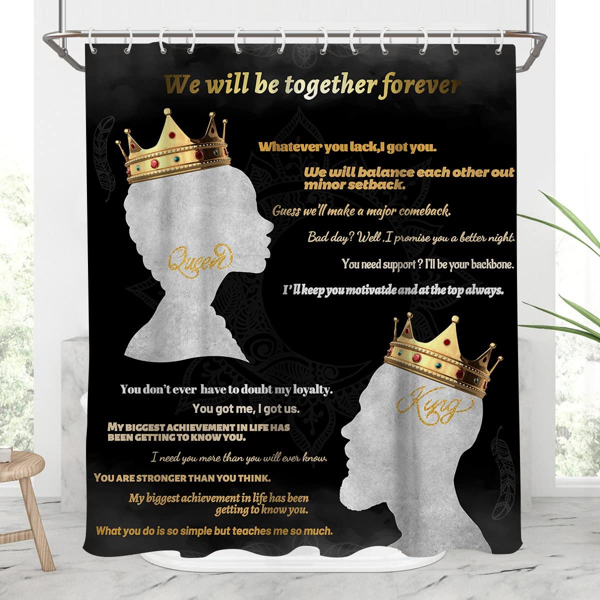 Black And Gold Themed Shower Curtain With African American King Queen Crown Couple Afro Love Women Men