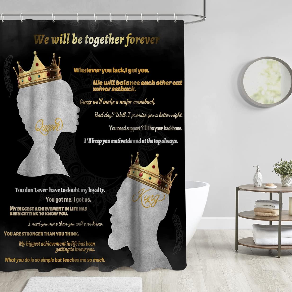 Black And Gold Themed Shower Curtain With African American King Queen Crown Couple Afro Love Women Men - Image 2