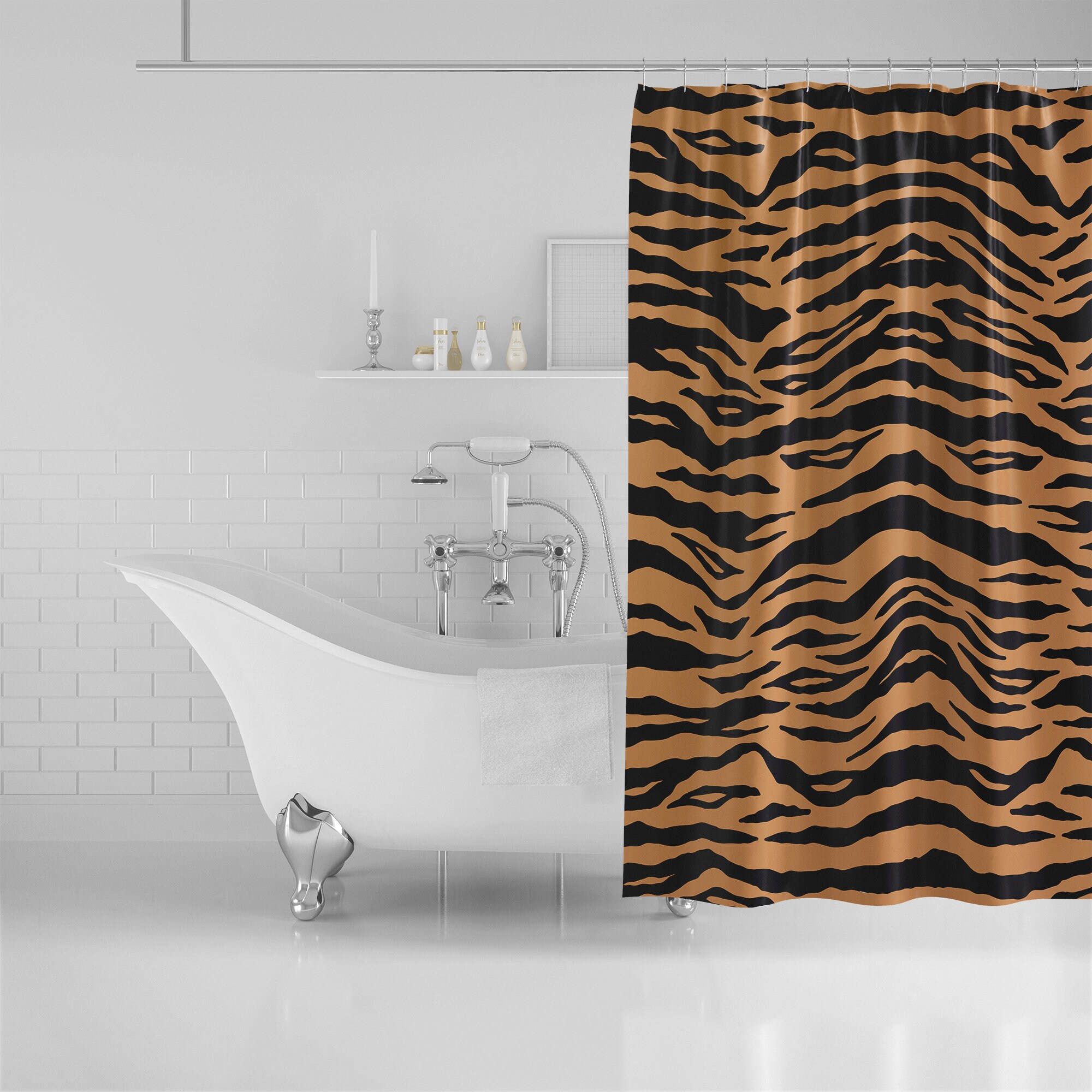 Black And Orange Bengal Tiger Print Shower Curtain, Animal Stripe Bathroom Decor - Image 2