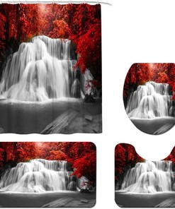 Black And Red Waterfall Luxury Fabric Shower Curtain & Bath Mat For Bathroom Decor