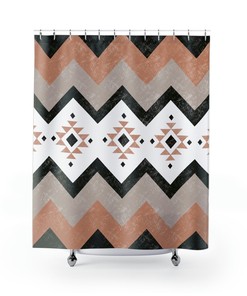 Black And Tan Aztec Modern Boho Western-Southwest Shower Curtain With Neutral Tones - Waterproof Fabric