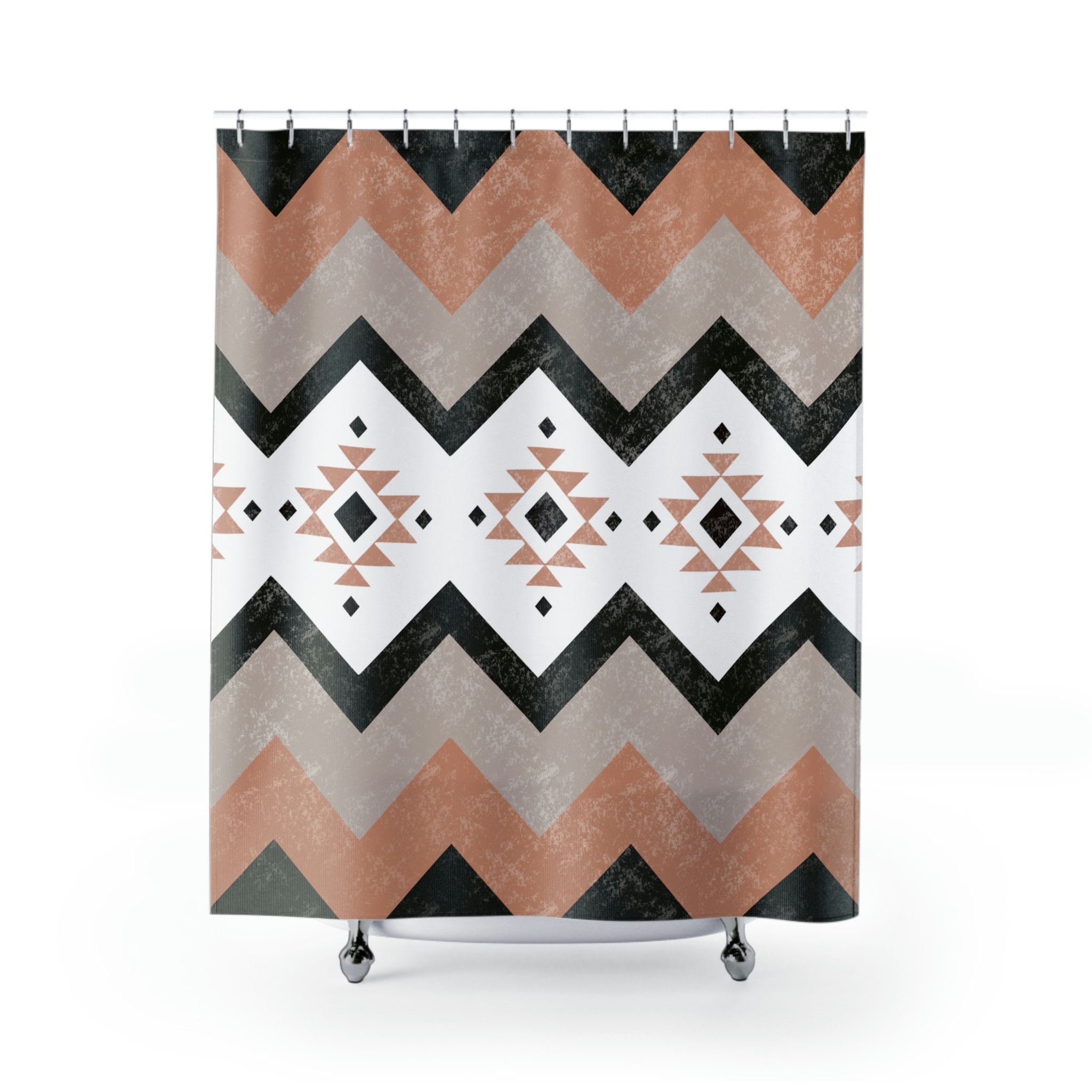 Black And Tan Aztec Modern Boho Western-Southwest Shower Curtain With Neutral Tones - Waterproof Fabric