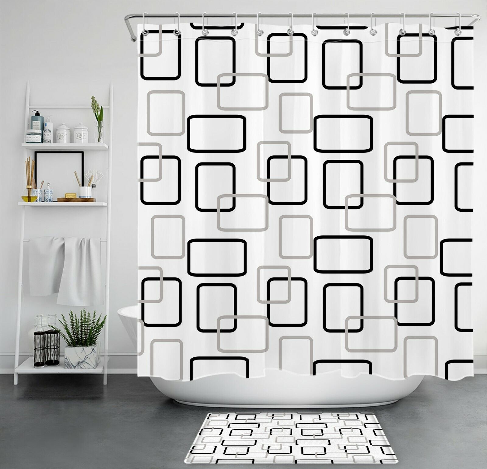 Black And White Abstract Geometric Pattern Shower Curtain For Modern Bathroom