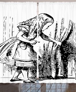 Black And White Alice Hidden Door Adventure Window Curtain Set - Living Room Bedroom Drapes