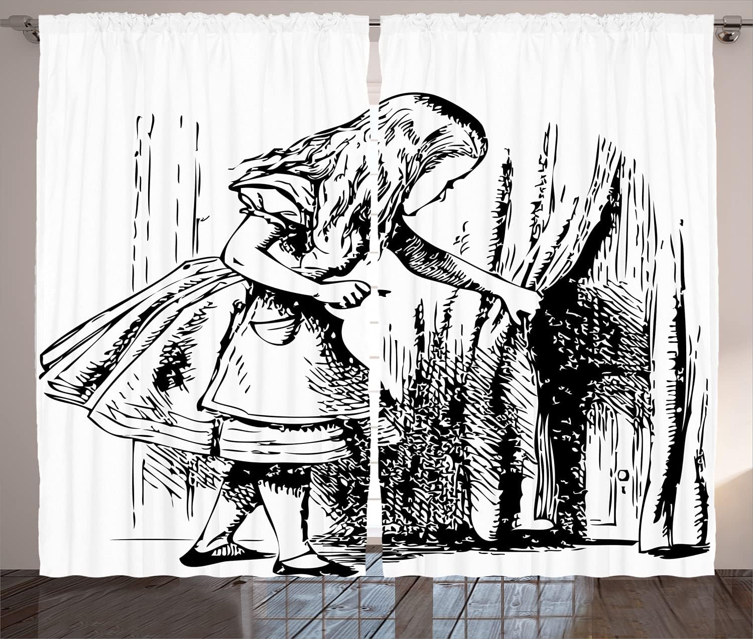 Black And White Alice Hidden Door Adventure Window Curtain Set - Living Room Bedroom Drapes