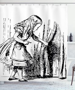 Black And White Alice Looking Through Curtains Hidden Door Shower Curtain