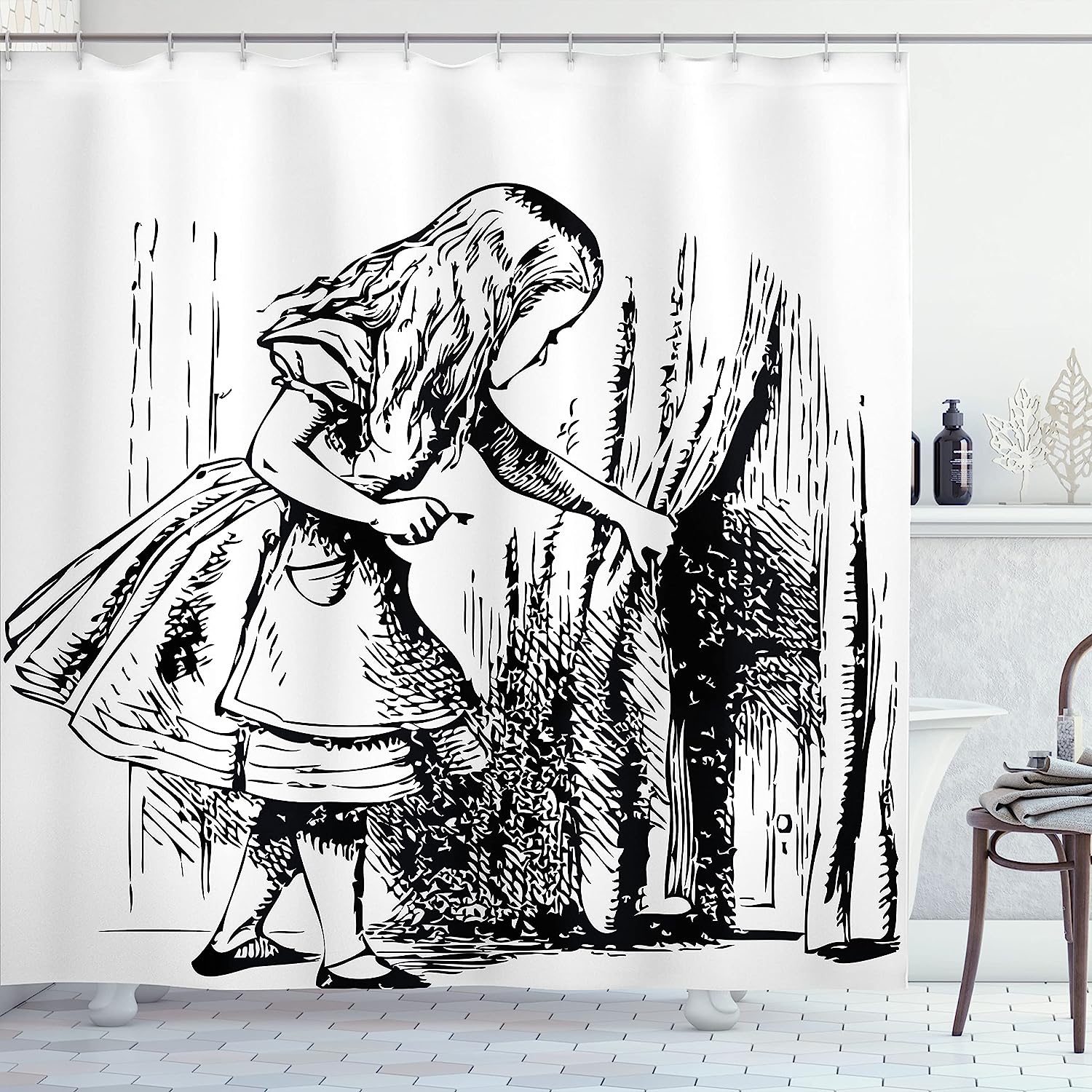 Black And White Alice Looking Through Curtains Hidden Door Shower Curtain