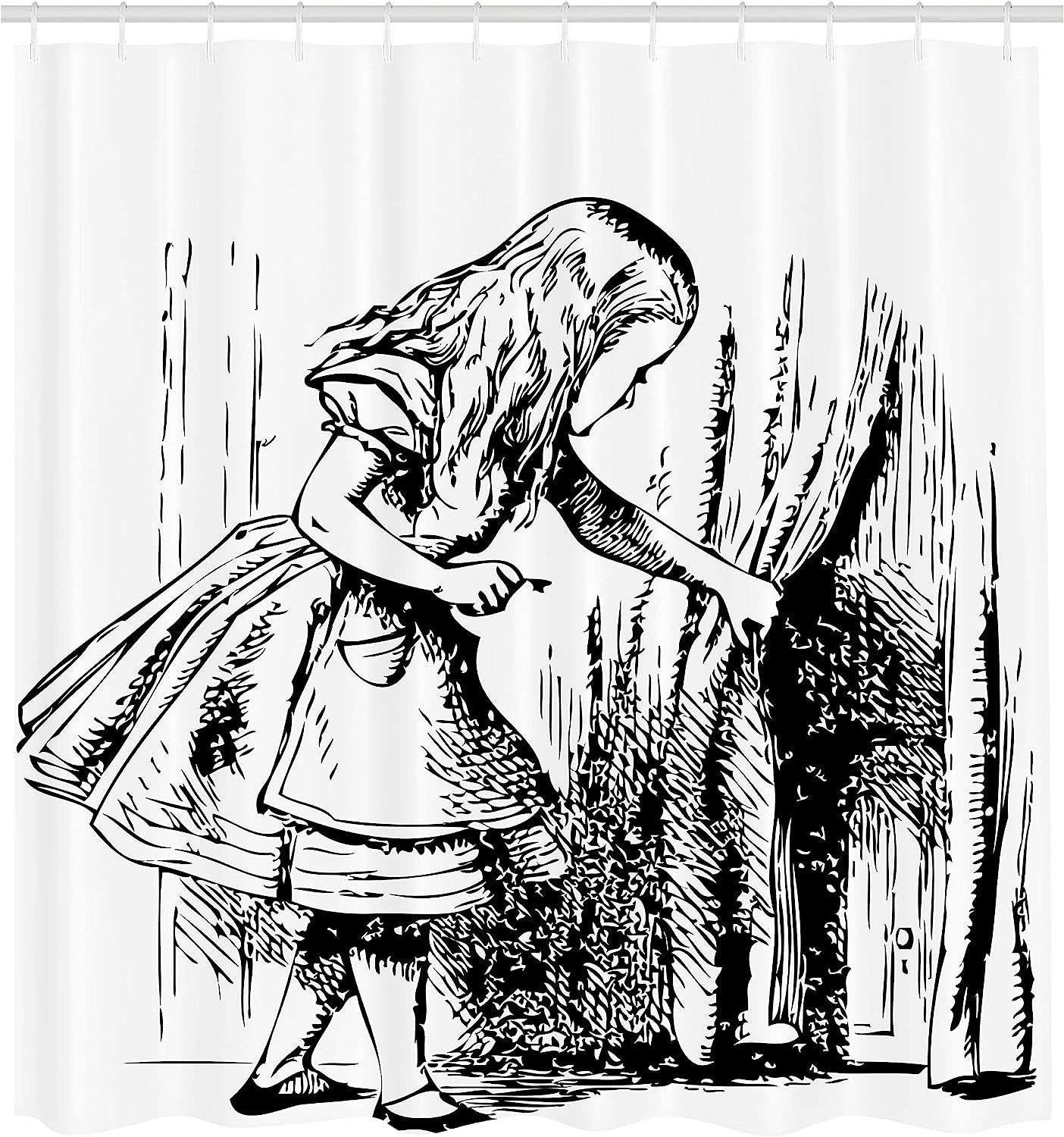 Black And White Alice Looking Through Curtains Hidden Door Shower Curtain - Image 2