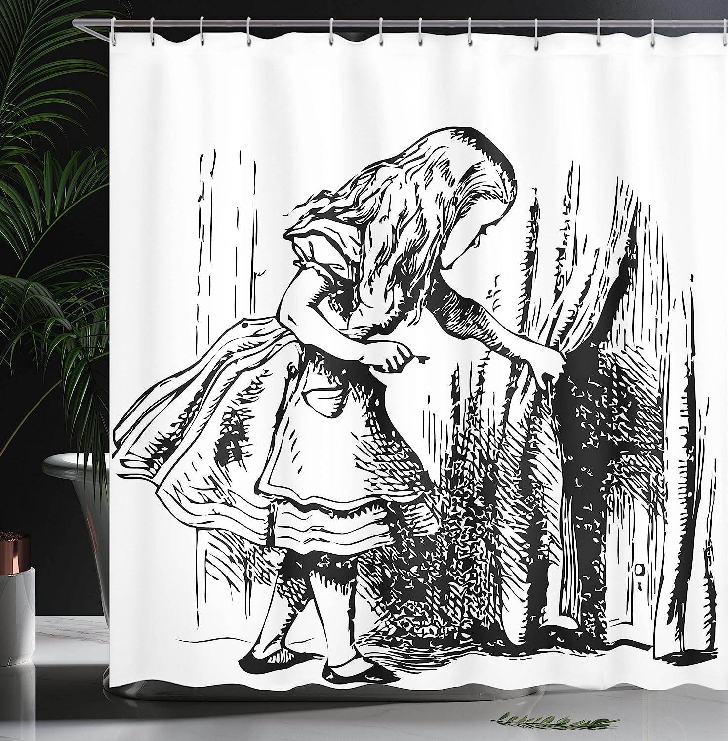 Black And White Alice Looking Through Curtains Hidden Door Shower Curtain - Image 3
