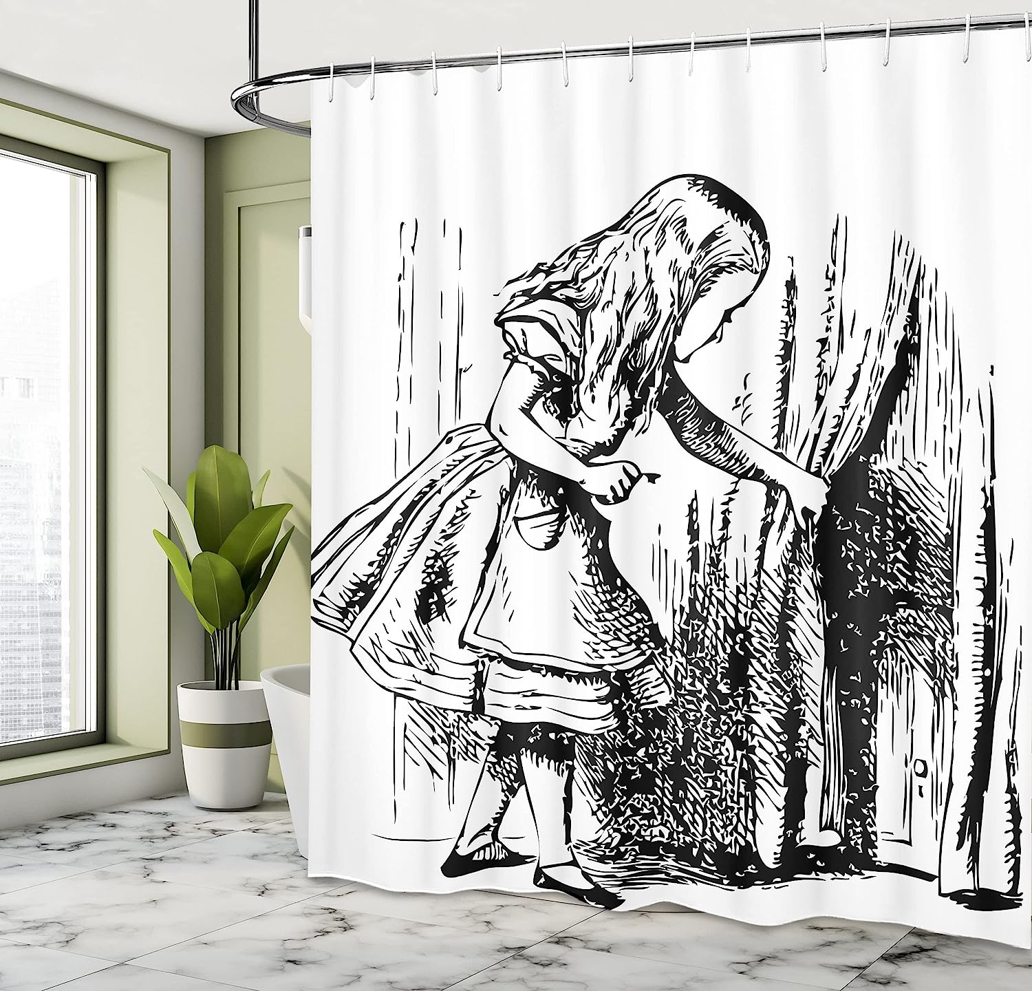 Black And White Alice Looking Through Curtains Hidden Door Shower Curtain - Image 4