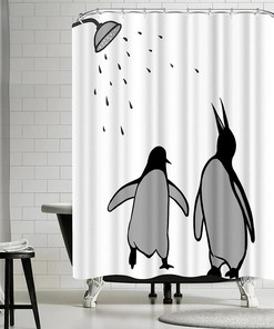 Black And White Animal Shower Curtain Abstract Silhouette Penguin Polar Birds Funny Fabric Curtain For Kids