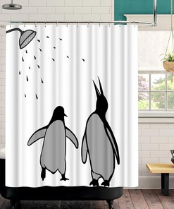 Black And White Animal Shower Curtain Abstract Silhouette Penguin Polar Birds Funny Fabric Curtain For Kids