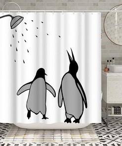 Black And White Animal Shower Curtain Abstract Silhouette Penguin Polar Birds Funny Fabric Curtain For Kids
