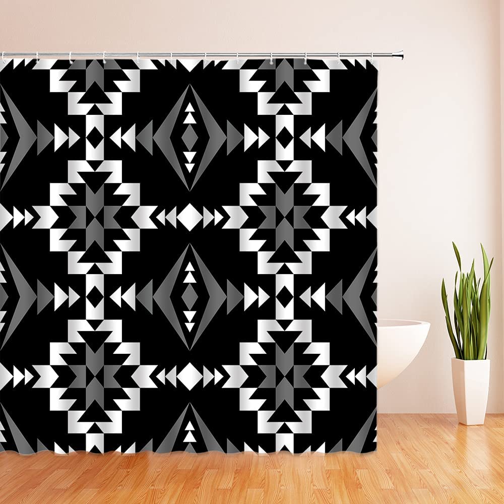 Black And White Aztec Tribal Geometric Shower Curtain - Image 2