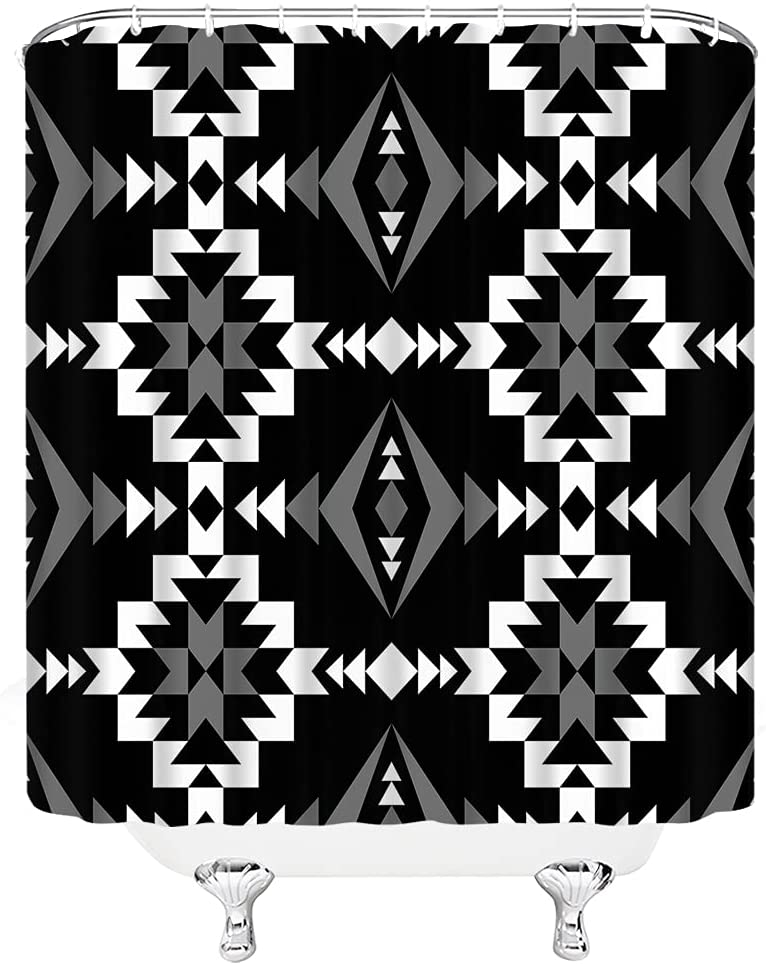 Black And White Aztec Tribal Geometric Shower Curtain - Image 3