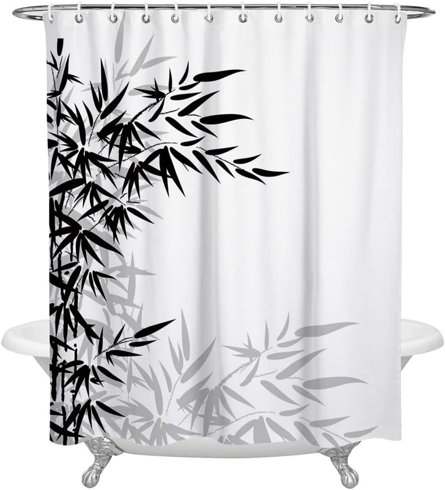 Black And White Bamboo Shower Curtain For Home Bath Decor, Elegant And Beautiful Bathroom Curtains Set