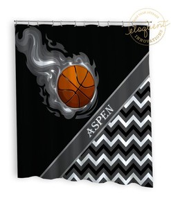 Black And White Basketball Sports Shower Curtain - Monogrammed Kids Bathroom Decor #276