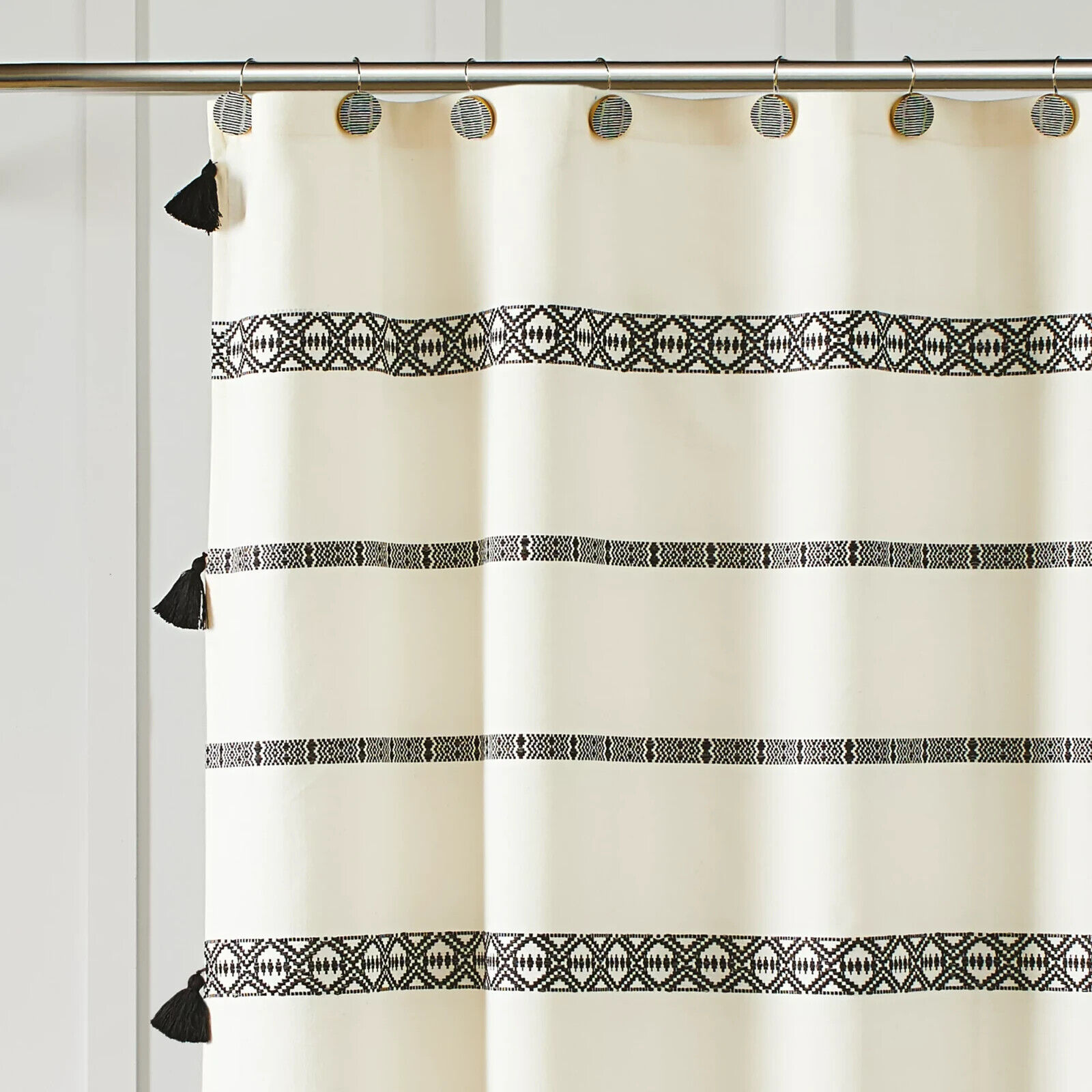 Black And White Boho Chic Shower Curtain With Microfiber Accents