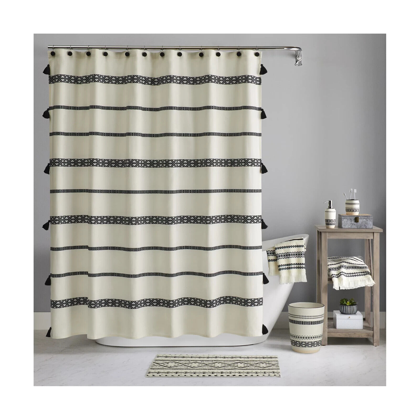 Black And White Boho Chic Shower Curtain With Microfiber Accents - Image 3