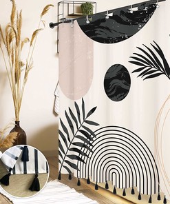 Black And White Boho Mid Century Shower Curtain With Tassel Pendants And Minimalistic Leaves Design