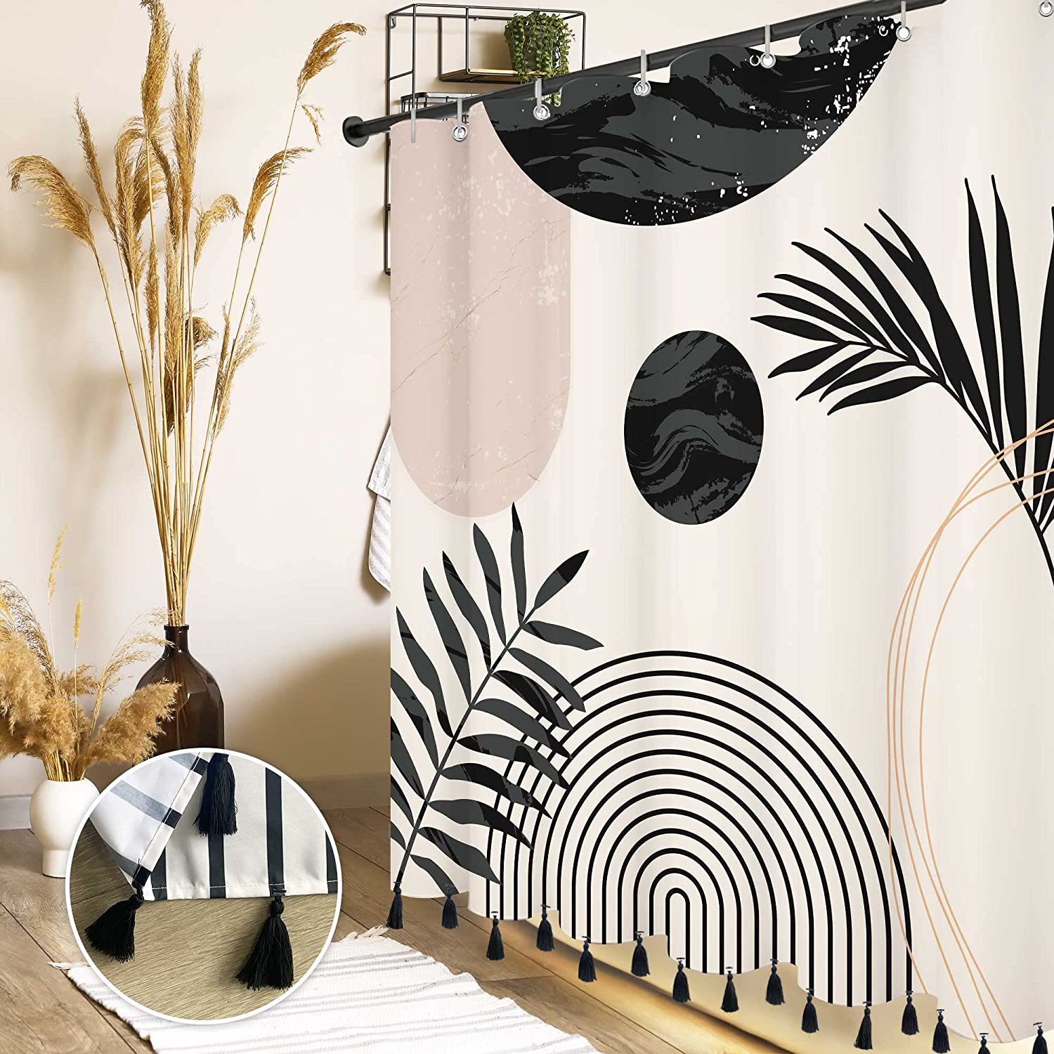 Black And White Boho Mid Century Shower Curtain With Tassel Pendants And Minimalistic Leaves Design